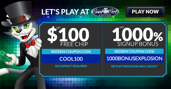 Cool Cat - Slider Banner - 1000% Bonus + $100 Free Chip - 600x315